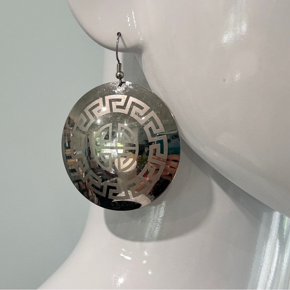 Vintage Greek Key Disc Earrings - Picture 2 of 9